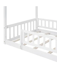 flynama Twin Size Wood House Bed Roof Fence Pine Wood Frame 7 Slats Kids Bedroom