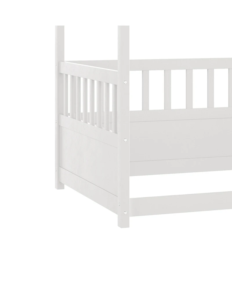 flynama Twin Size Wooden Canopy Floor Bed With Guardrails Four Poster Design For Kids