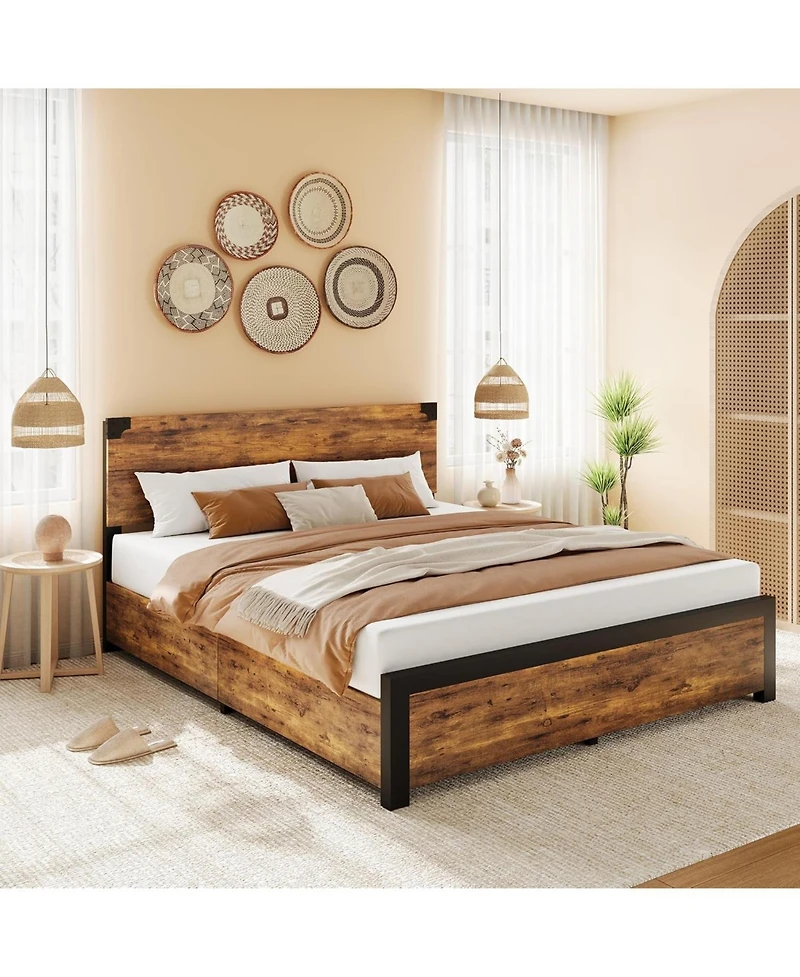 gaomon Full Bed Frame with 4 Storage Drawers, Heavy Duty Metal Platform & Wood Headboard, No Box Spring