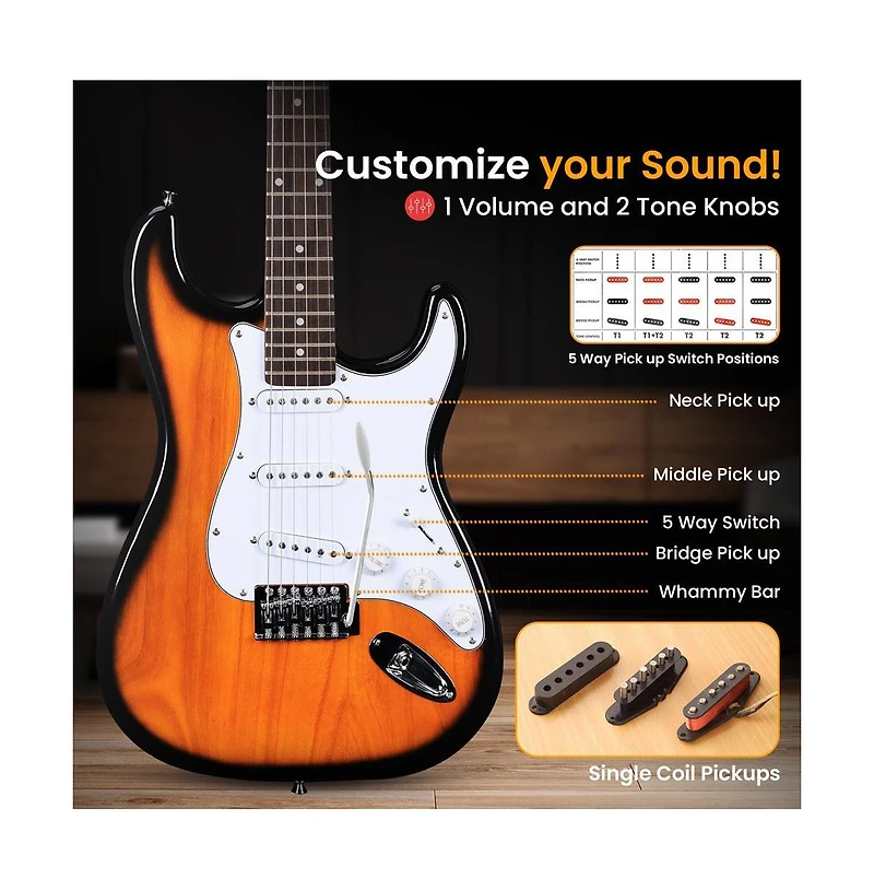 Pyle 39.2 Full-Size 6-String Electric Guitar Kit with 5W Amplifier and Accessories PEGKT400NB