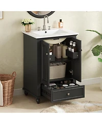 Sillysis 24 Inch Bathroom Vanity with Ceramic Sink, Soft-Close Doors, Adjustable Shelf and Drawer Organizer for Small Spaces