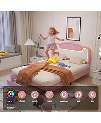 gaomon Upholstered Bed Frame with Led Lights, Fabric Headboard, Princess Platform Bed, Wood Slats, No Box Spring