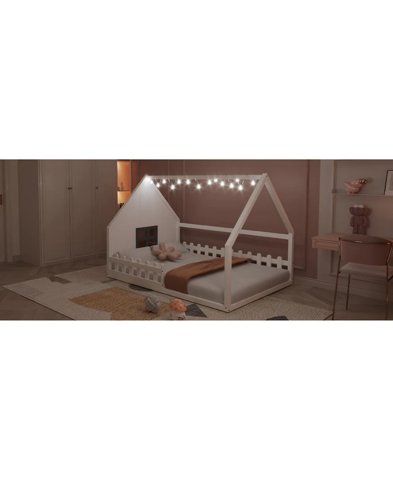 flynama Full Size Wood House Bed Window Fence