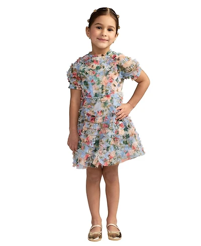 Mac Duggal Girls Floral Mesh Tiered Ruffle Puff Sleeve Party Dress
