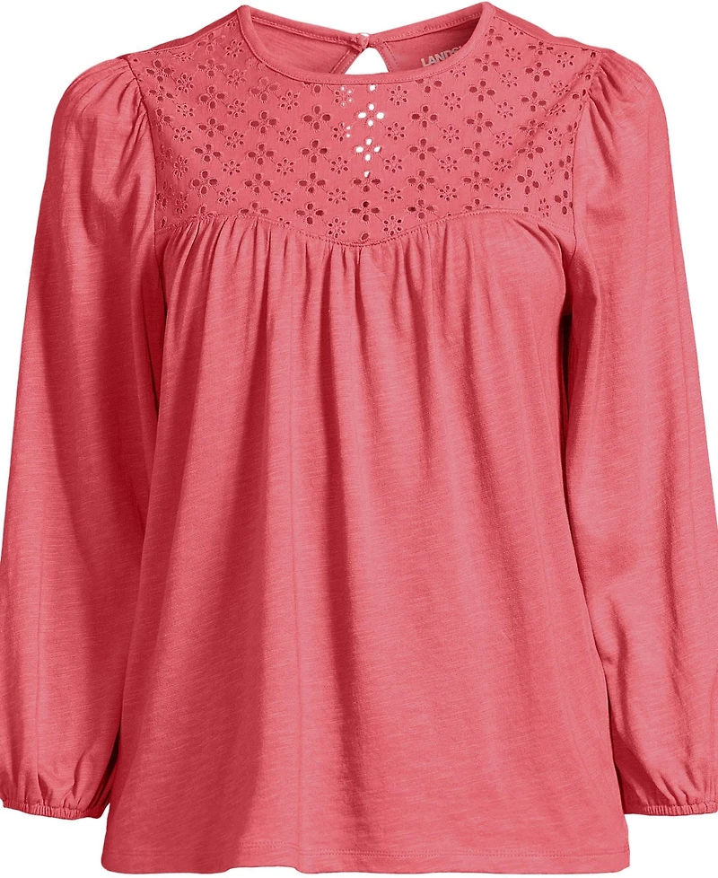 Lands' End Women's 3/4 Sleeve Eyelet Mix Flowy Top
