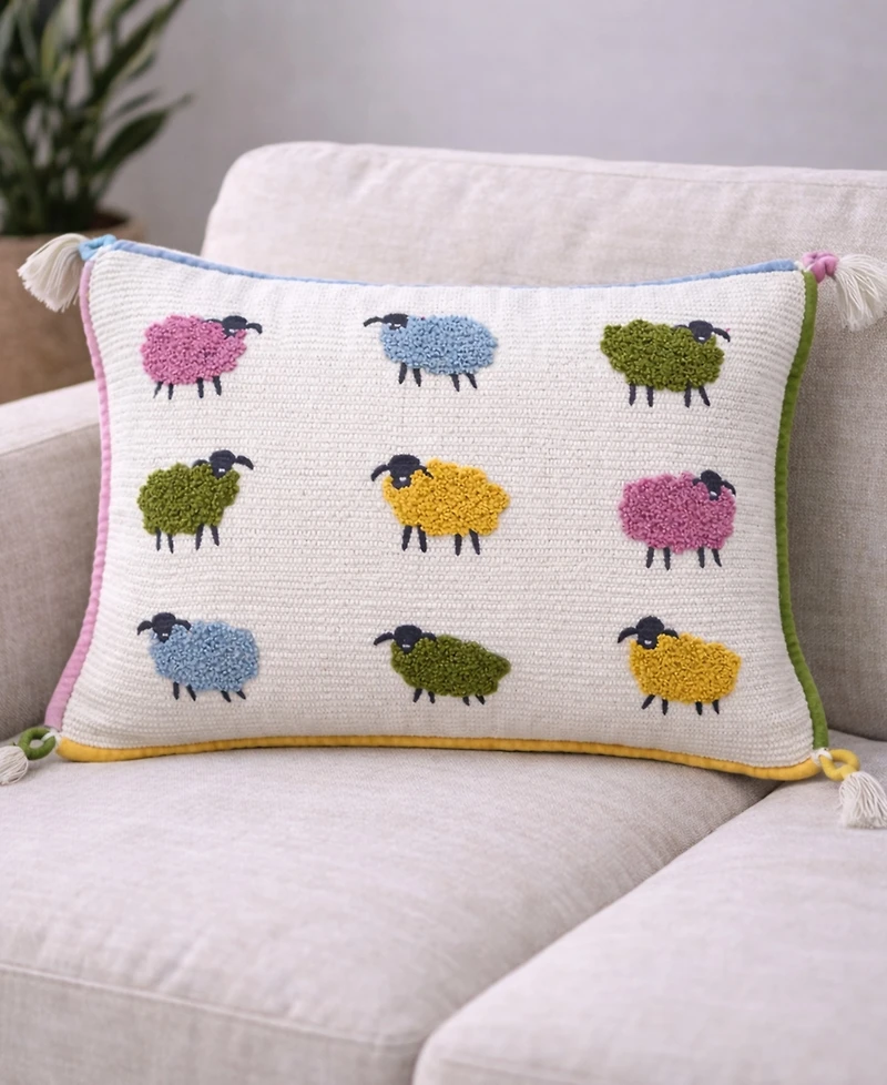 Vibhsa Whimsical Sheep Embroidered Lumbar Decorative Pillow, 14" x 20"
