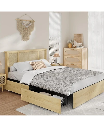 gaomon Bed Frame with Rattan Headboard, 4 Wooden Storage Drawers, Metal Base with Wooden Slats, No Box Spring Needed, Boho Style