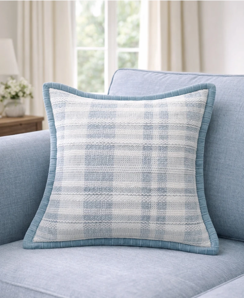 Vibhsa Soft Plaid Blue Textured Velvet Flange Decorative Pillow, 20" x