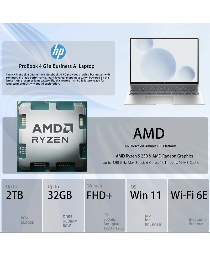 Hp ProBook 4 16" Traditional Laptop Amd Ryzen 5 16GB Ram Amd Radeon Graphics 1TB Ssd Storage Windows 11 Pro 60Hz