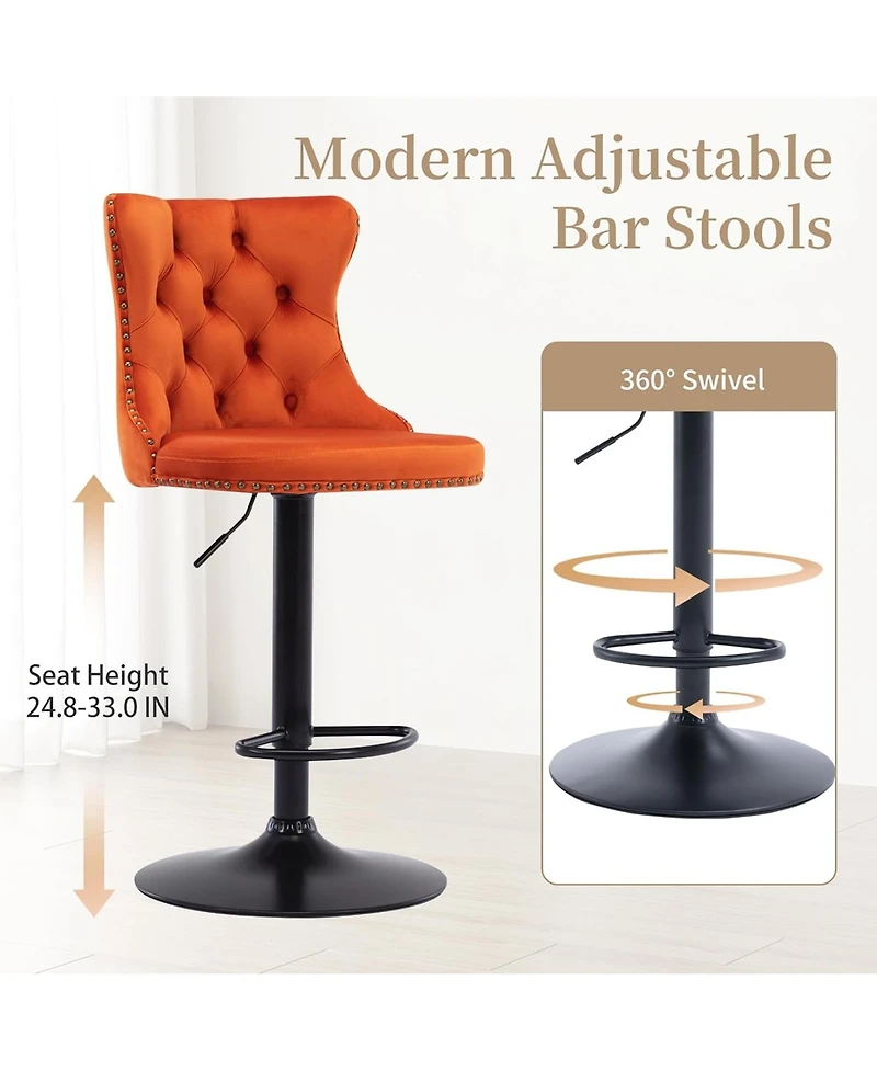 Rainsken Velvet Bar Stools Set of 2, Adjustable Swivel Counter Height Chairs with Back, Footrest and Nailhead Trim for Kitchen Island, Home Pub