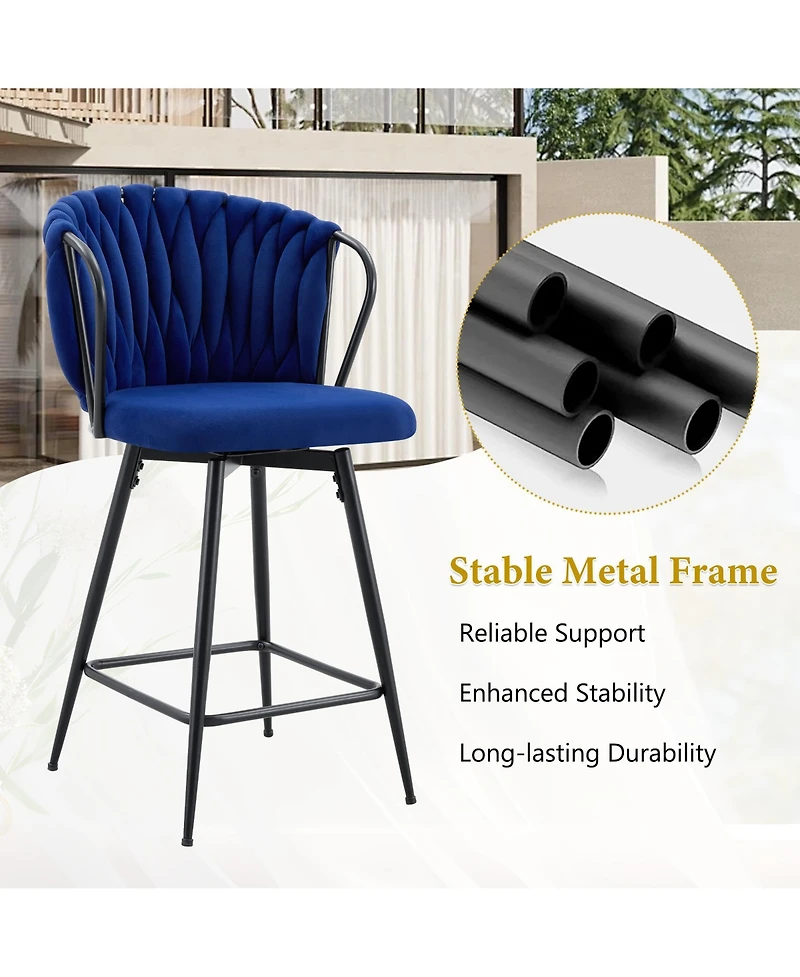 Rainsken Velvet Bar Stool Set of 2, Swivel Counter Height Chairs with Metal Frame and Woven Rope Backrest for Kitchen Island, Home Pub