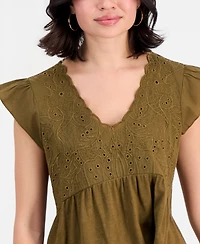 Democracy Petite Embroidered Cotton Flutter-Sleeve Top