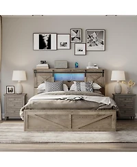 Flynama Farmhouse Bed Frame With Led Lights Charging Station 2 Storage Drawers