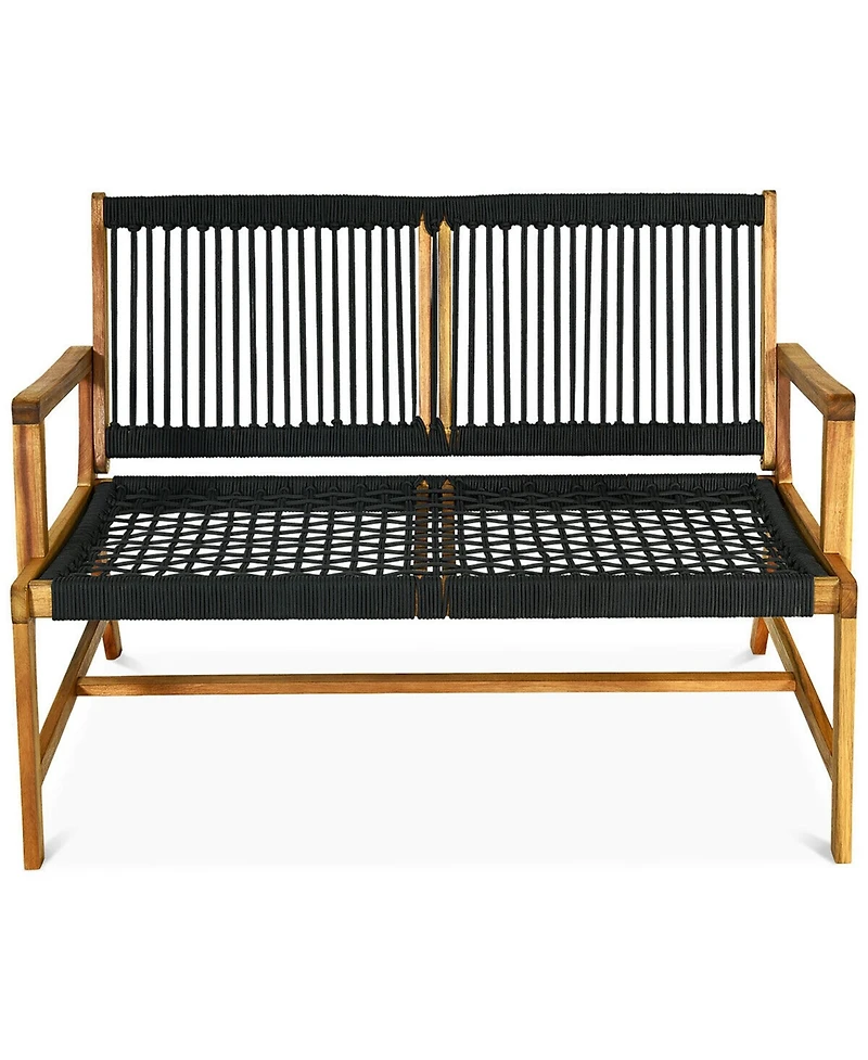 Gymax Wooden Rope Bench Loveseat Patio Garden Outdoor w/ Backrest and Armrest