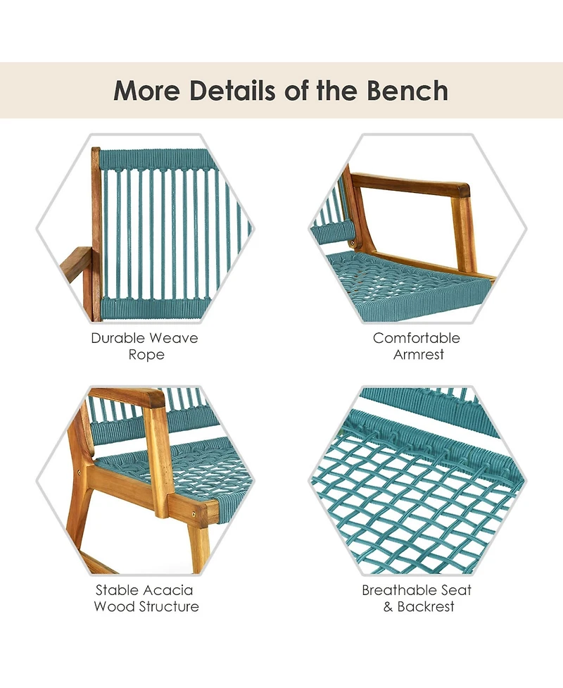 Gymax Wooden Rope Bench Loveseat Patio Garden Outdoor w/ Backrest and Armrest