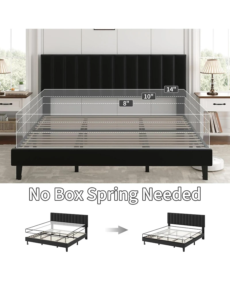 gaomon King Size Velvet Iron Mdf Vertical Pattern Soft Bag Basic Bed, Black Upholstered Bed Frame, Stylish Design, Comfortable Mattress, No Box Spring