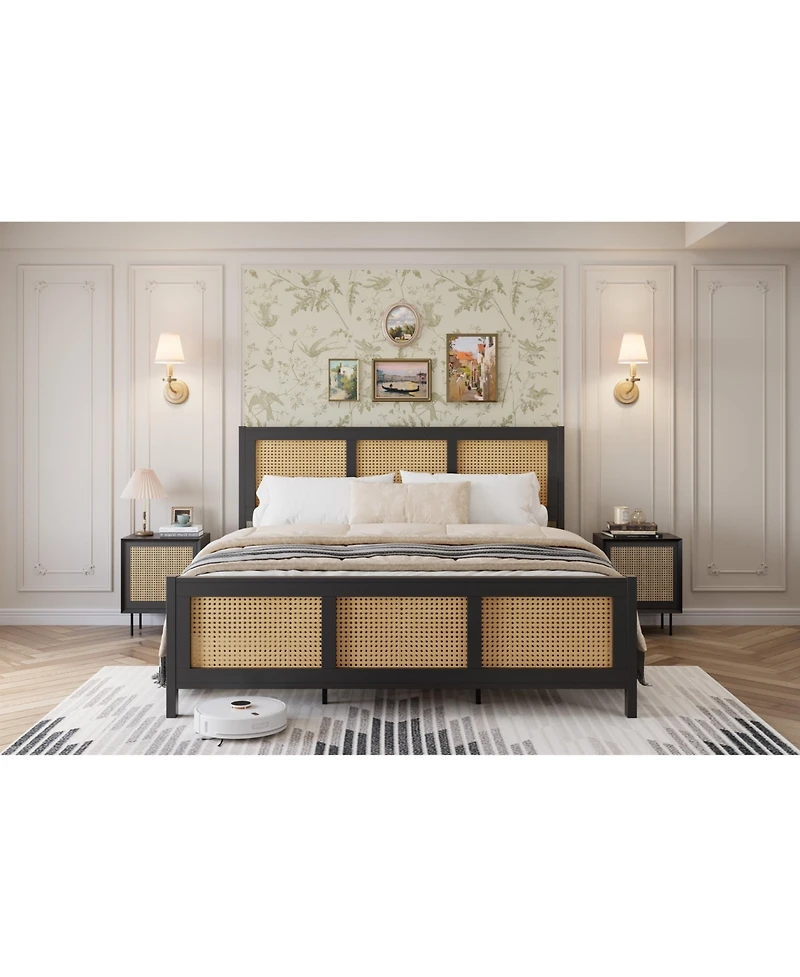 gaomon King Size Rattan Bed Frame, Boho Cane Platform Bed Frame, with Strong Metal Slat & Headboard, Easy Assemble,No Box Spring Needed