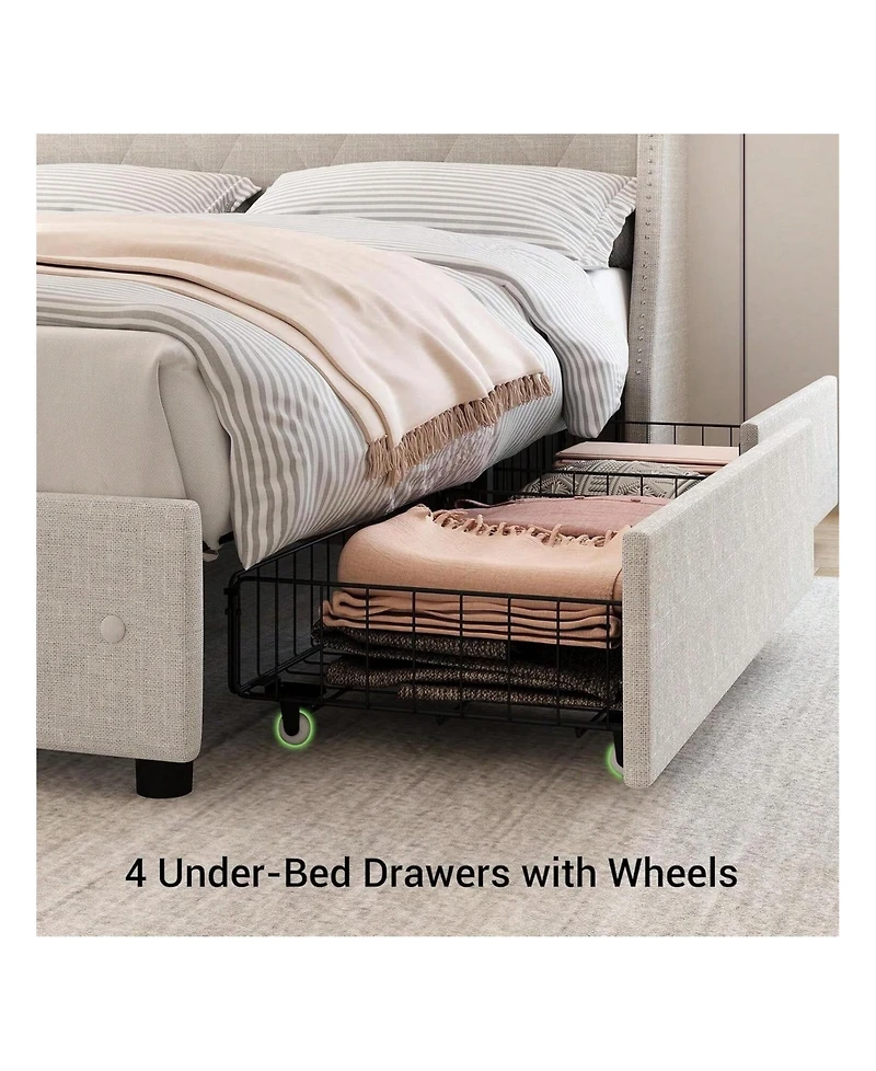gaomon Upholstered Bed Frame with 4 Storage Drawers, Charging Station, Wingback Design, Noise-Free, Easy Assembly, Platform Bed, No Box Spring Needed