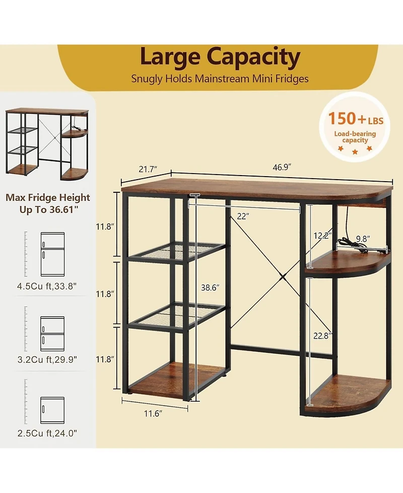 gaomon 46.9in Mini Fridge Stand with Storage Shelf, 6-Tier Microwave Stand & Coffee Bar Organizer with 4 Power Outlet and Air Switch