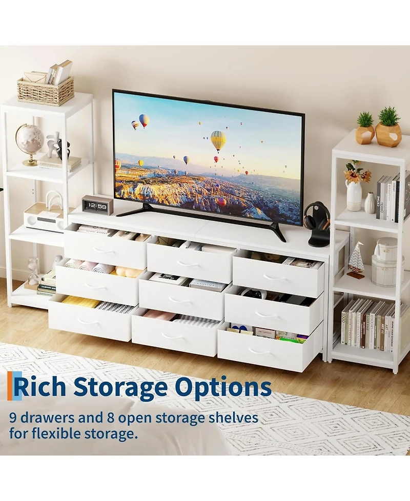 gaomon Tv Stand Dresser for 75 Inch Tv, Large Entertainment Center with Fabric Drawers & 4 Tier Storage Shelves