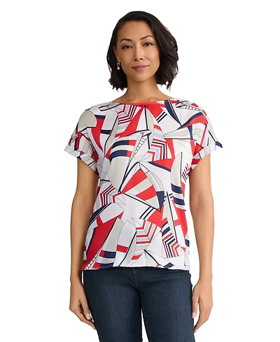 Jones New York Women's Short-Sleeve Polyester Printed Blouse