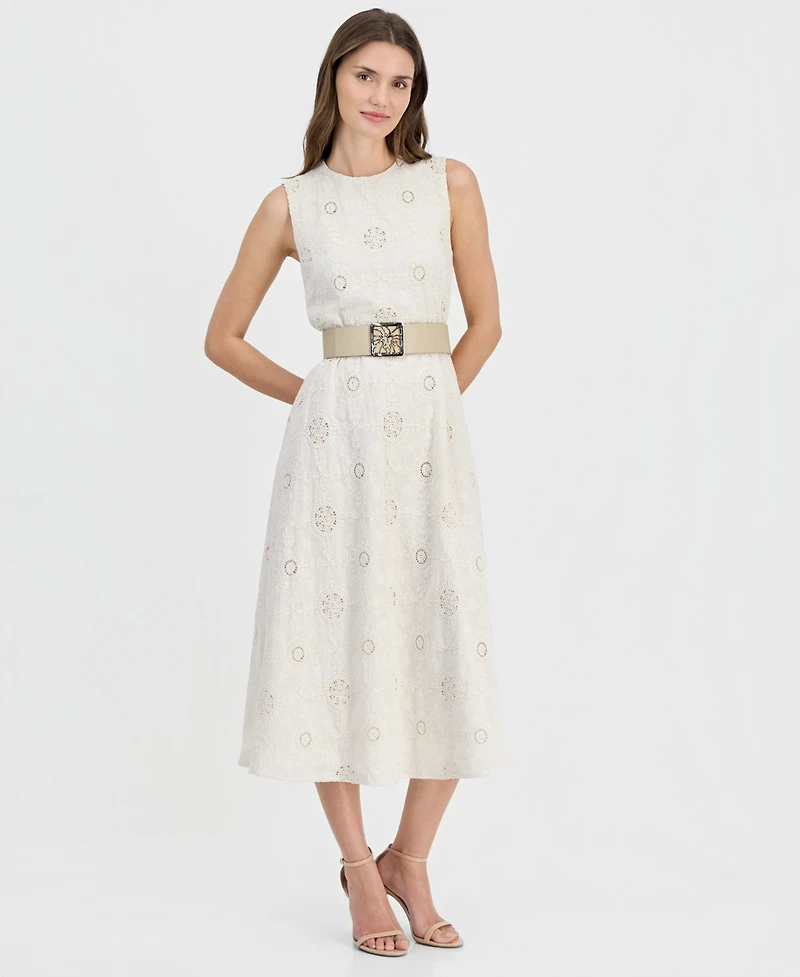 Anne Klein Women's Round-Neck Embroidered Belted Cotton Dress