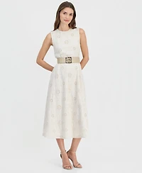 Anne Klein Women's Round-Neck Embroidered Belted Cotton Dress