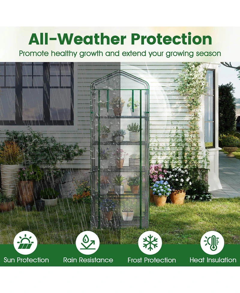 Costway 27" x 19" x 75" Mini Greenhouse with 5 Tier Shelves, Pe Cover, Roll-Up Zipper Door