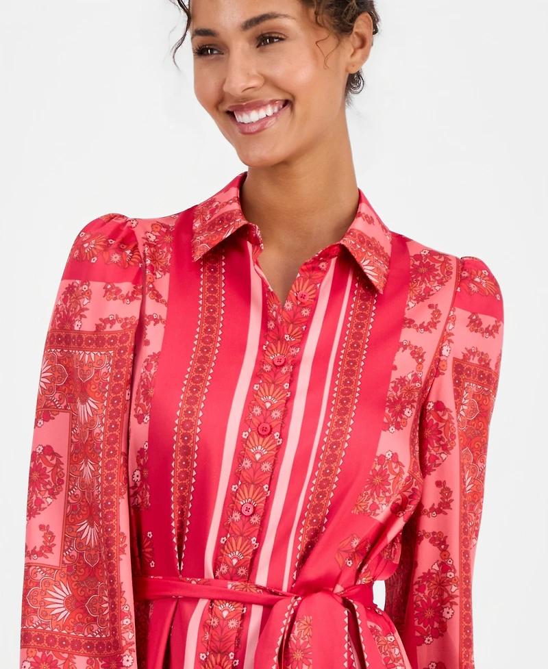 Anne Klein Women's Long-Sleeve Scarf-Print Twill Shirt-Dress