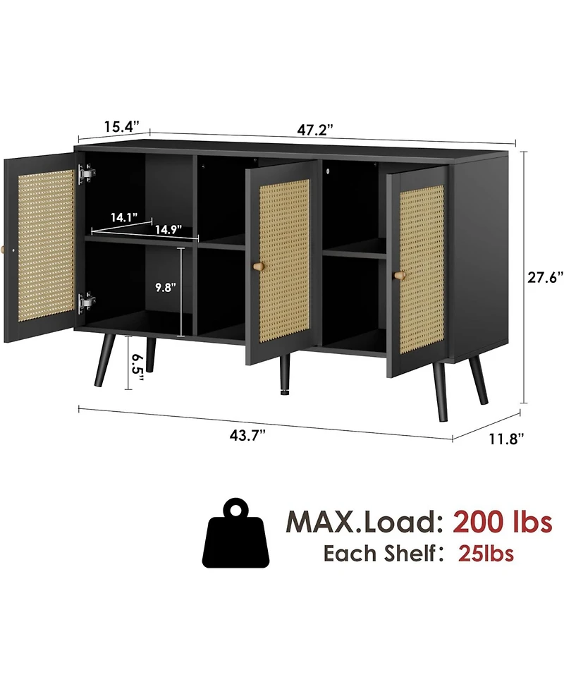 gaomon Buffet Storage Cabinet, 47.2" Rattan Sideboard with Adjustable Shelves, Modern Coffee Bar Credenza for Kitchen, Living Room, Entryway, Din