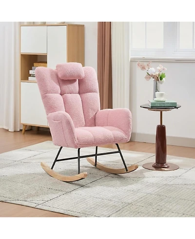 gaomon Teddy Fleece Rocking Chair with Headrest, Upholstered Nursery Glider