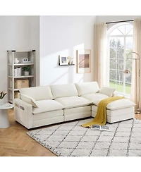 gaomon Chenille 113-Inch Modular Combo Sofa, Modern 3-Seater L-Shaped Sofa with Ottoman, 2 Cushions, Side Pockets