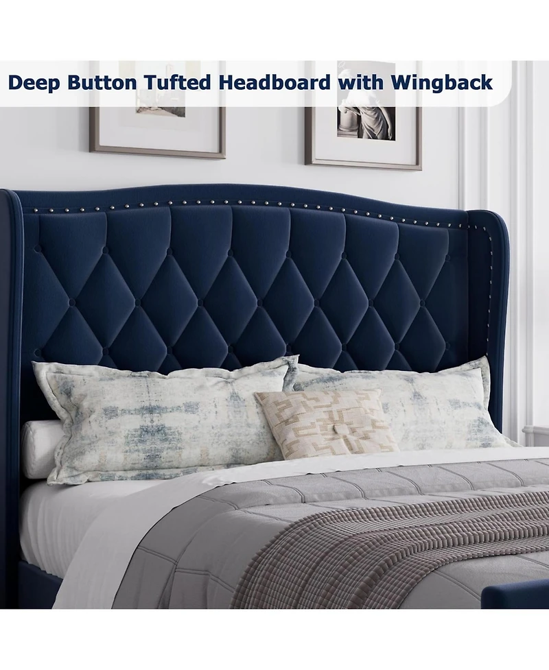 gaomon Queen Size Velvet Wingback Platform Bed Frame Upholstered Headboard, No Box Spring Needed