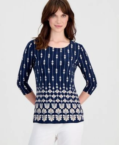 Jm Collection Womens Printed 3 4 Sleeve Scoop Neck Jacquard Top Macys Exclusive