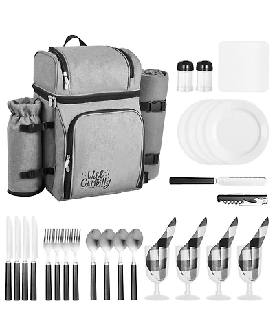 Mecale 4-Person Picnic Backpack with Insulated Cooler, Blanket and Tableware Set