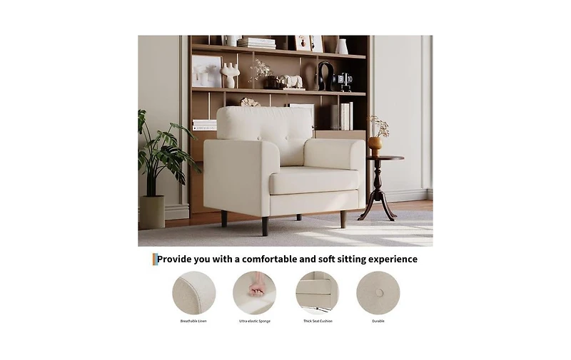 gaomon Single Sofa Armchair,38" Linen Upholstered Armrest Accent Chair with High-Density Foam and Fixed Armrests,Comfy Reading Chair for Living R