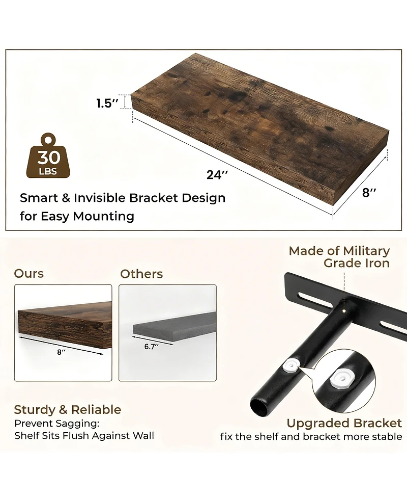 Yigii Floating Shelves Wall Mounted Set of 2 Rustic Wood Storage Shelf