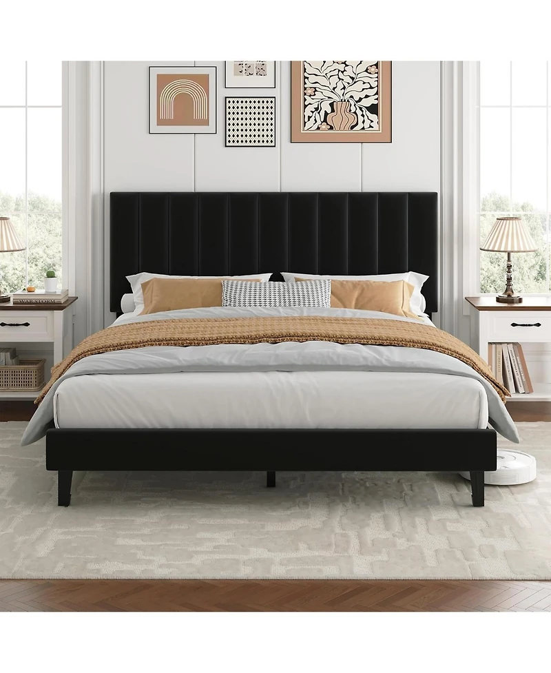 gaomon Queen Size Velvet Iron Mdf Vertical Pattern Soft Bag Basic Bed Upholstered Bed Frame, Stylish Design, Comfortable Mattress, No Box Spring