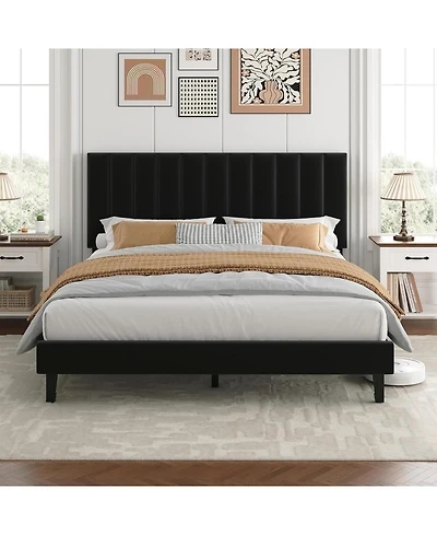 gaomon Queen Size Velvet Iron Mdf Vertical Pattern Soft Bag Basic Bed Upholstered Bed Frame, Stylish Design, Comfortable Mattress, No Box Spring