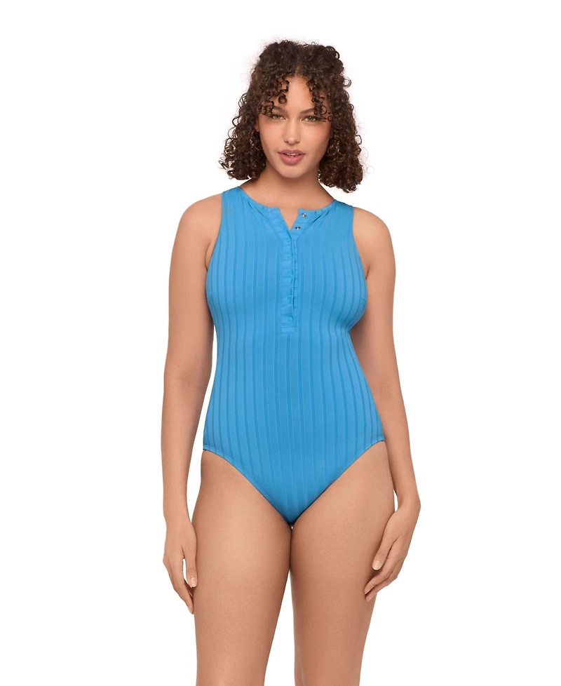 S3 Apparel Women's Sculpting Wide Rib Snap High Neck One-Piece Swimsuit - Powder Blue