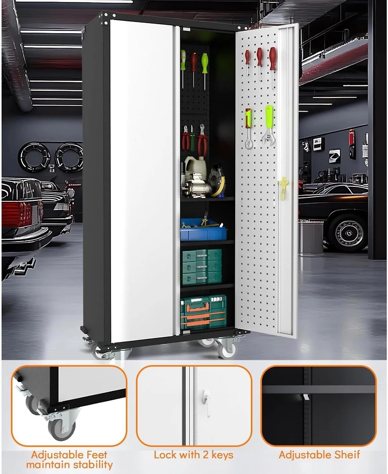 gaomon 72-Inch Steel Metal Storage Cabinet with Wheels, Lockable Rolling Garage Organizer with Pegboard and 4 Adjustable Shelves