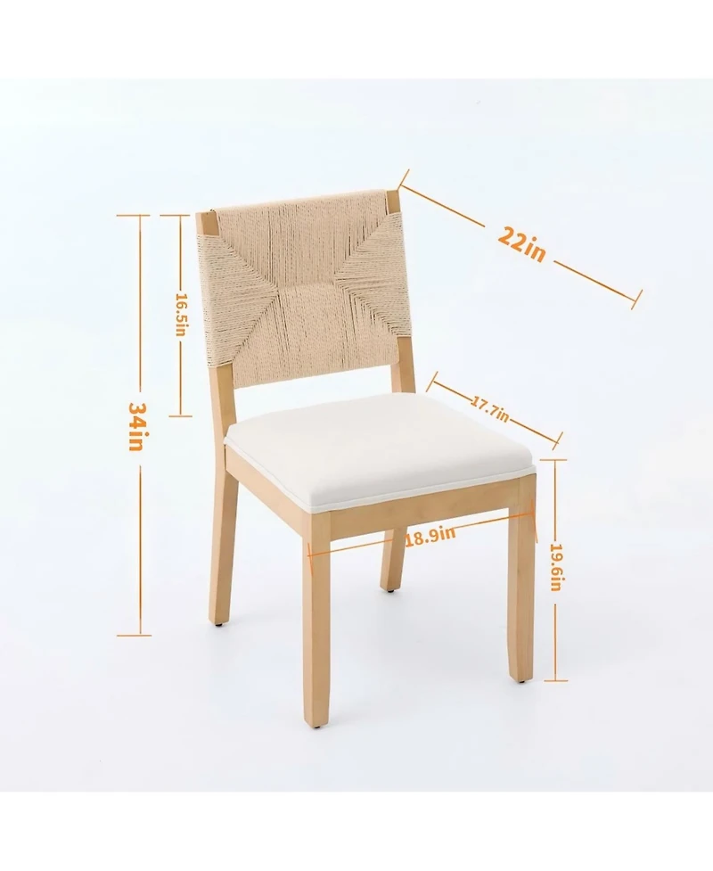 Maison Boucle Set of 2 Rope Rattan Dining Chairs with Wood Frame and Linen Seat