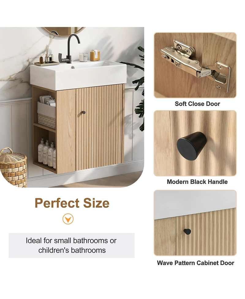 Busdays Modern 21.6 inch Floating Bathroom Vanity with Ceramic Basin and Left Side Storage in Wood Finish