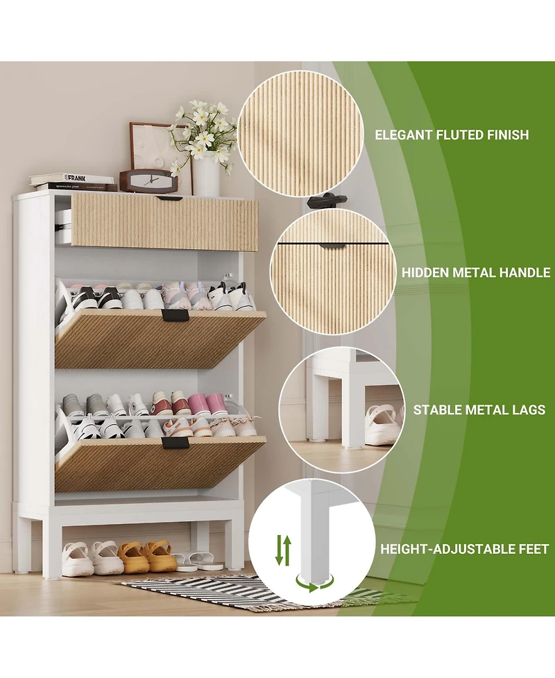 gaomon Shoe Storage Cabinet with 2 Flip Drawers & Large Drawer, Farmhouse Fluted Shoe Organizer with Metal Legs