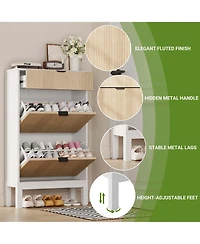gaomon Shoe Storage Cabinet with 2 Flip Drawers & Large Drawer, Farmhouse Fluted Shoe Organizer with Metal Legs