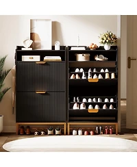gaomon Fluted Shoe Cabinet Storage for Entryway, Wood Rack with 2 Flip Drawers and Open Shelf, Modern Entryway Organizer