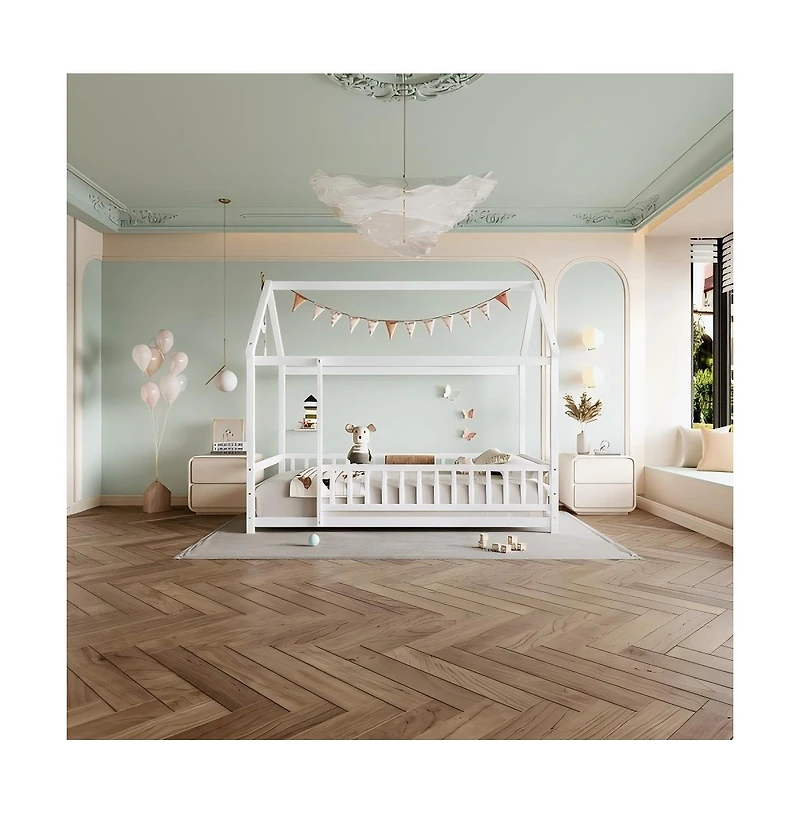 flynama Wooden Floor Bed With House Roof Frame And Fence Guardrails White For Kids