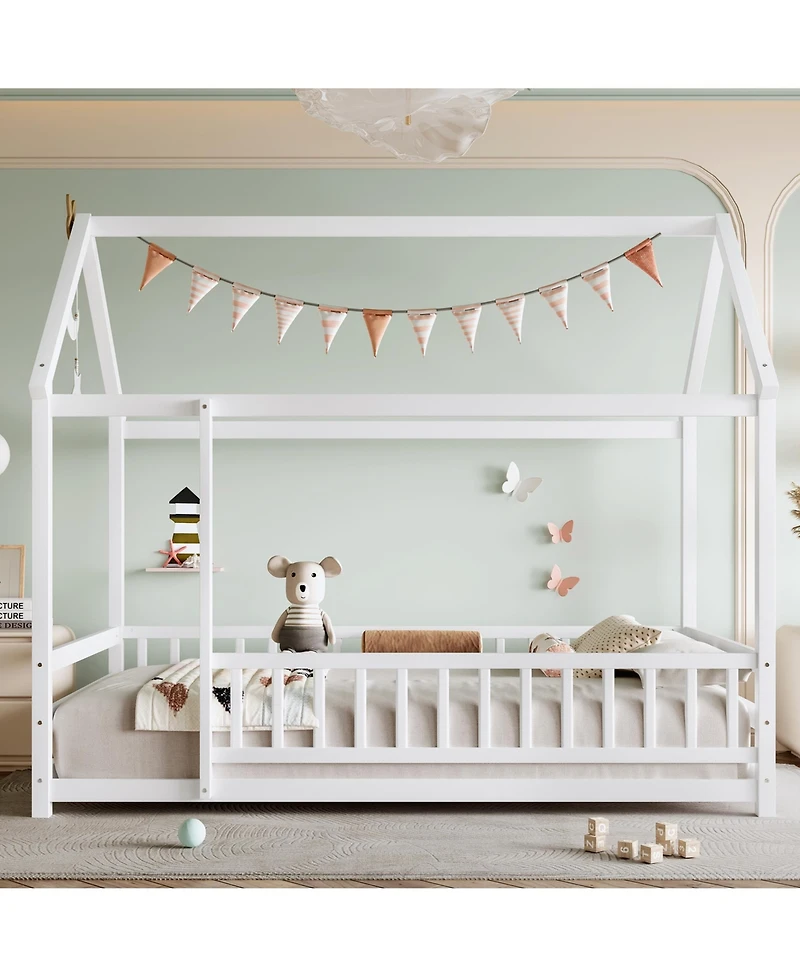 flynama Wooden Floor Bed With House Roof Frame And Fence Guardrails White For Kids