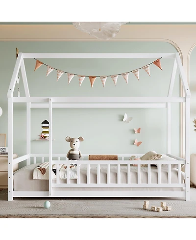 flynama Wooden Floor Bed With House Roof Frame And Fence Guardrails White For Kids