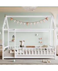 flynama Wooden Floor Bed With House Roof Frame And Fence Guardrails White For Kids